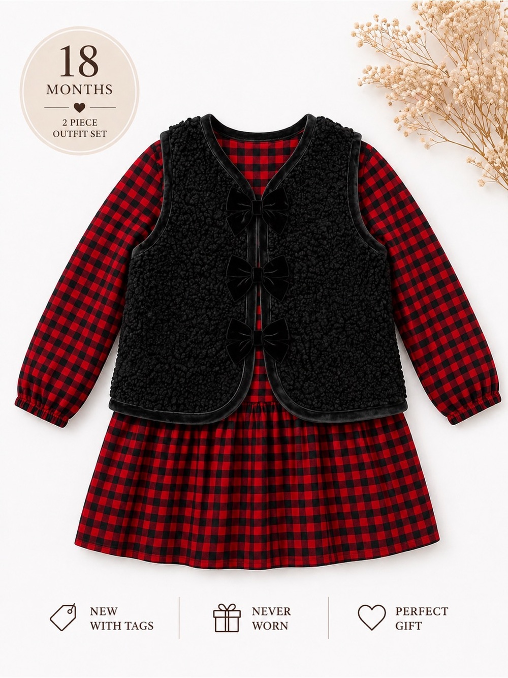Carter’s 18M Buffalo Plaid Dress, Sherpa Vest Set NWT Holiday Gift Cozy Boutique